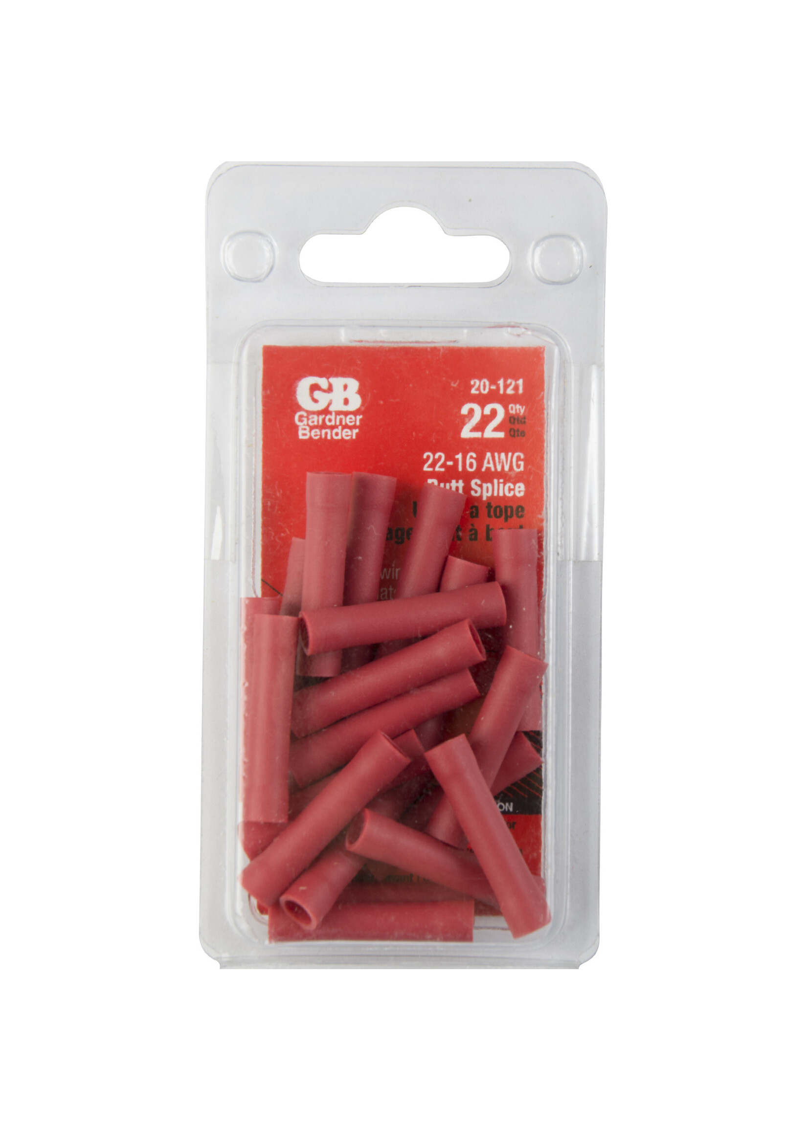 GARDNER BENDER Butt Splice, Crimp Connector, #22-#18 AWG (0.8 mm²) Vinyl Insulated, Red, (22/Pkg) - 20-121