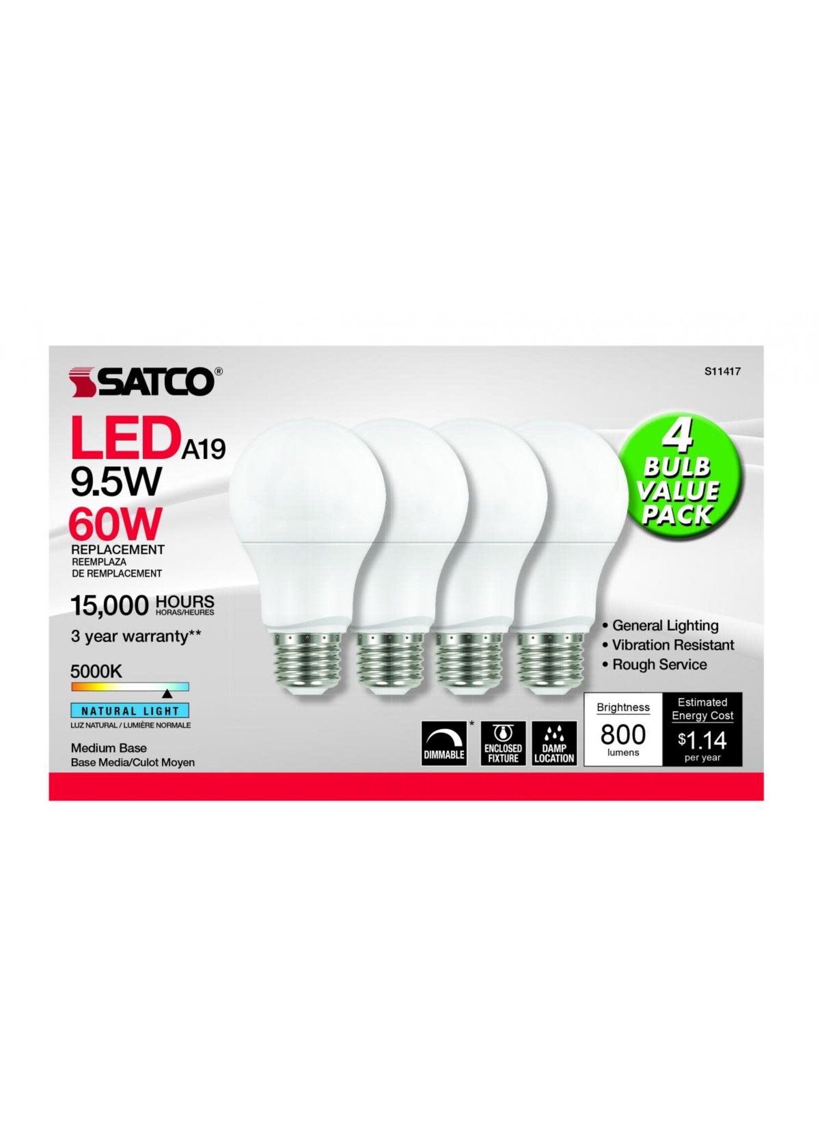 SATCO LED BULB 4PK 9.5W A19 120V (S11417)