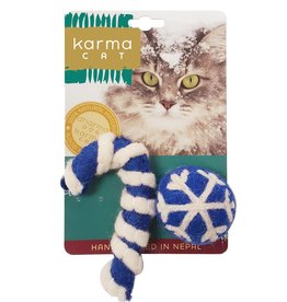 Dharma Dog Karma Cat Blue Holiday Ball & Cane Wool Cat Toy - Pack of 2
