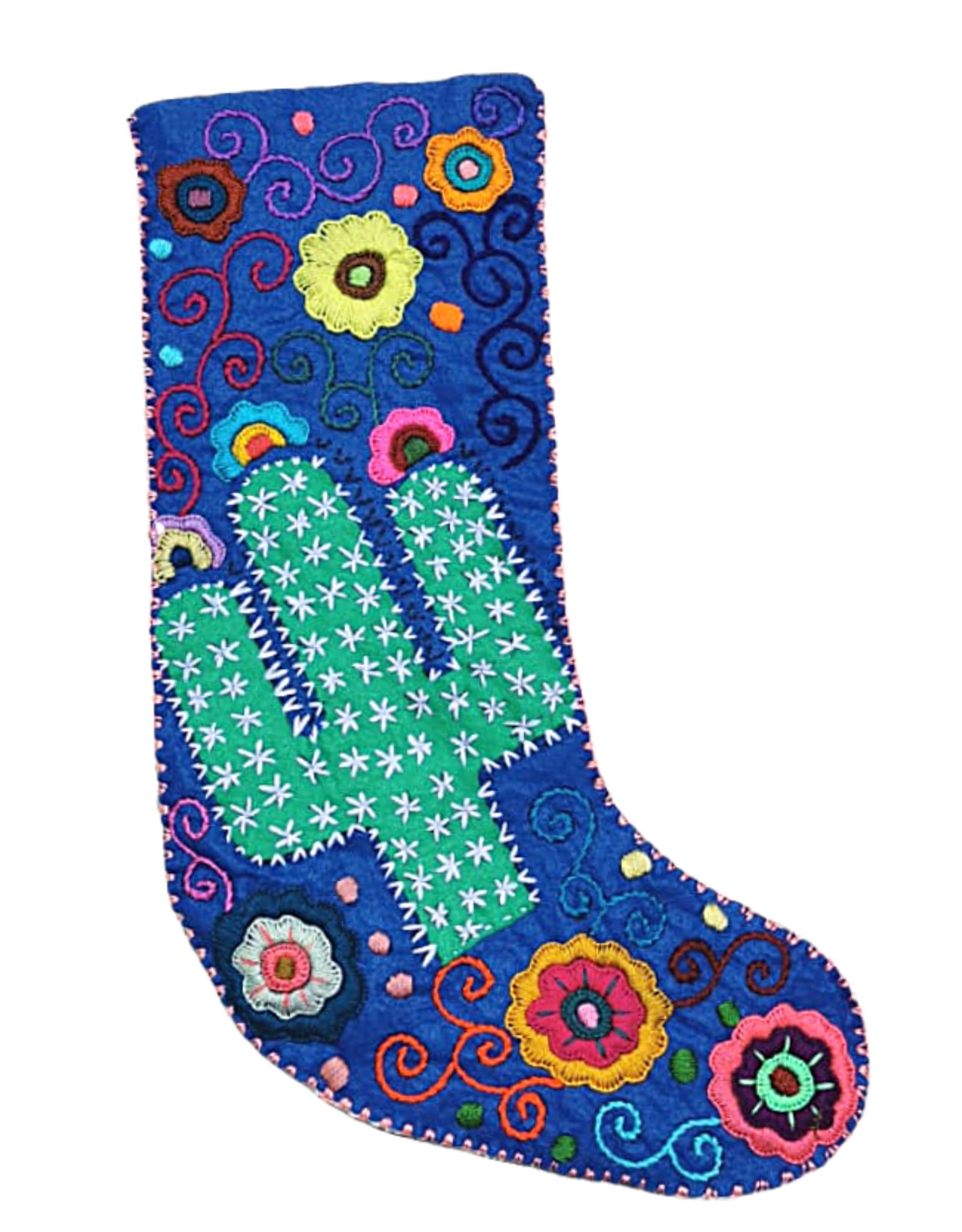 Nativa Holiday Embroidered Wool Stocking - Cactus