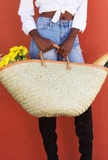 Swahili African Modern Kenyan Traditional Wide Weave Palm Shopper with Leather Trim