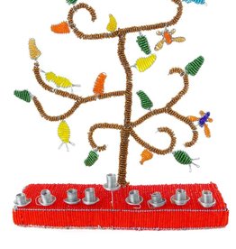 Swahili African Modern African Tree of Life Beaded Hanukkah Menorah with Red Base