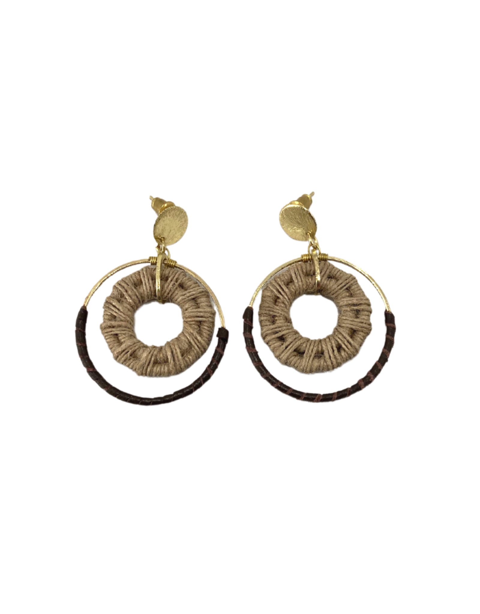 Ten Thousand Villages Canada Jute and Leather Disc Earrings