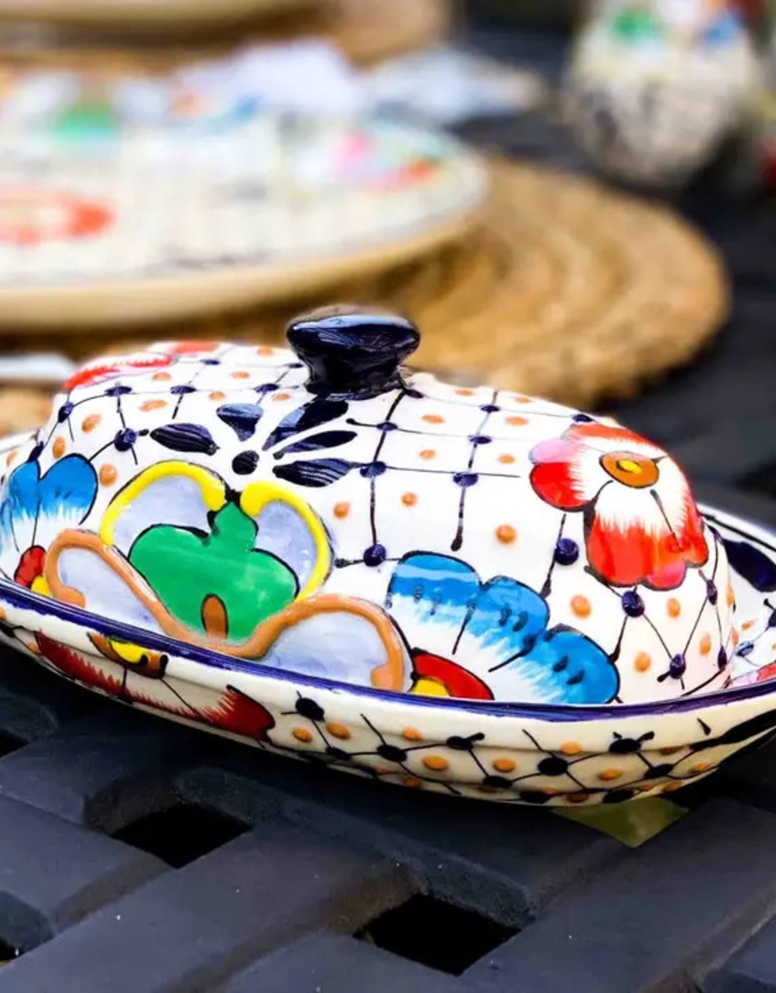 Global Crafts Encantada Butter Dish, Dots & Flowers