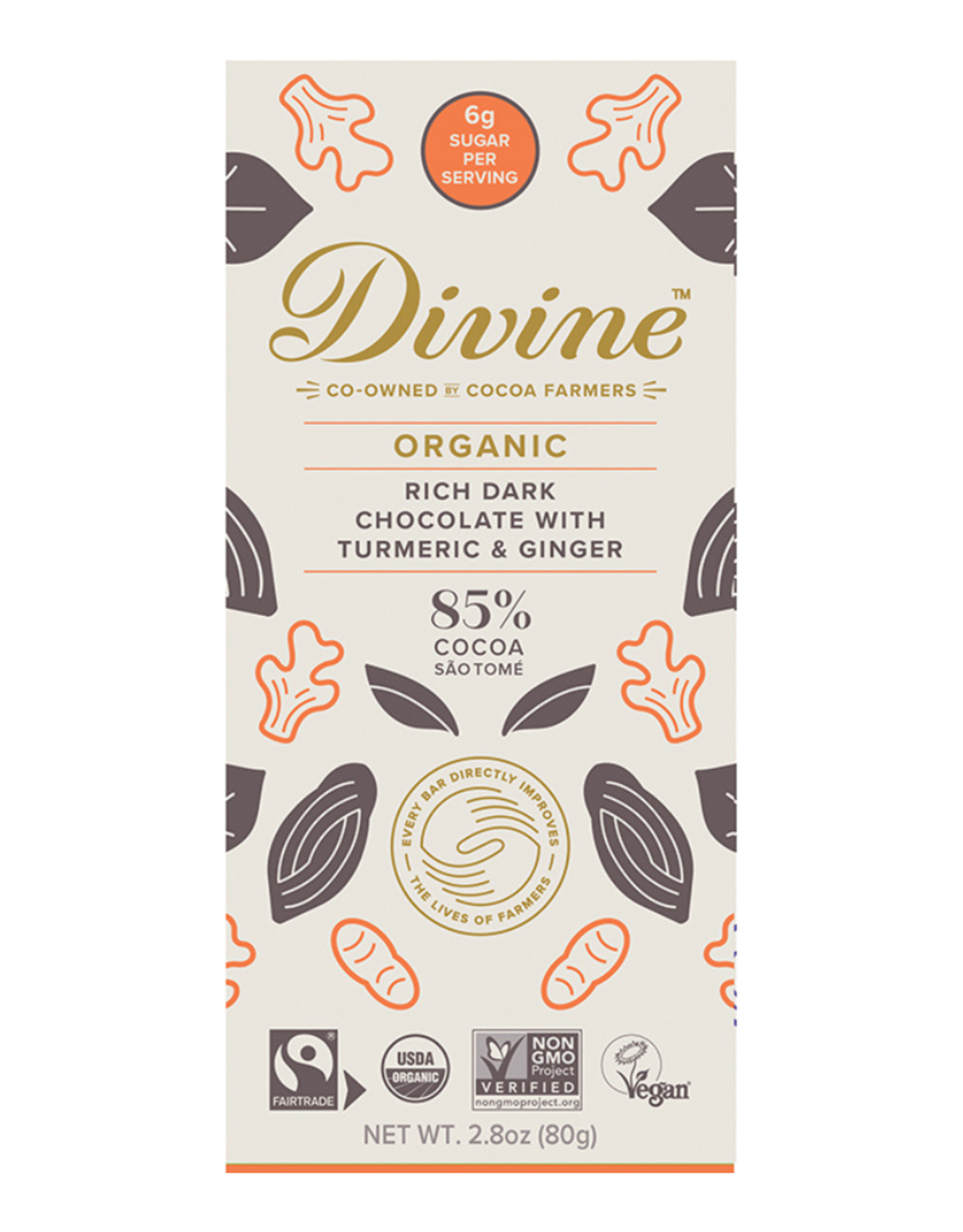 Divine Chocolate 85% Dark Chocolate With Turmeric & Ginger