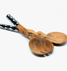 Global Crafts Olive Wood Serving Set, Braided Batik Handles