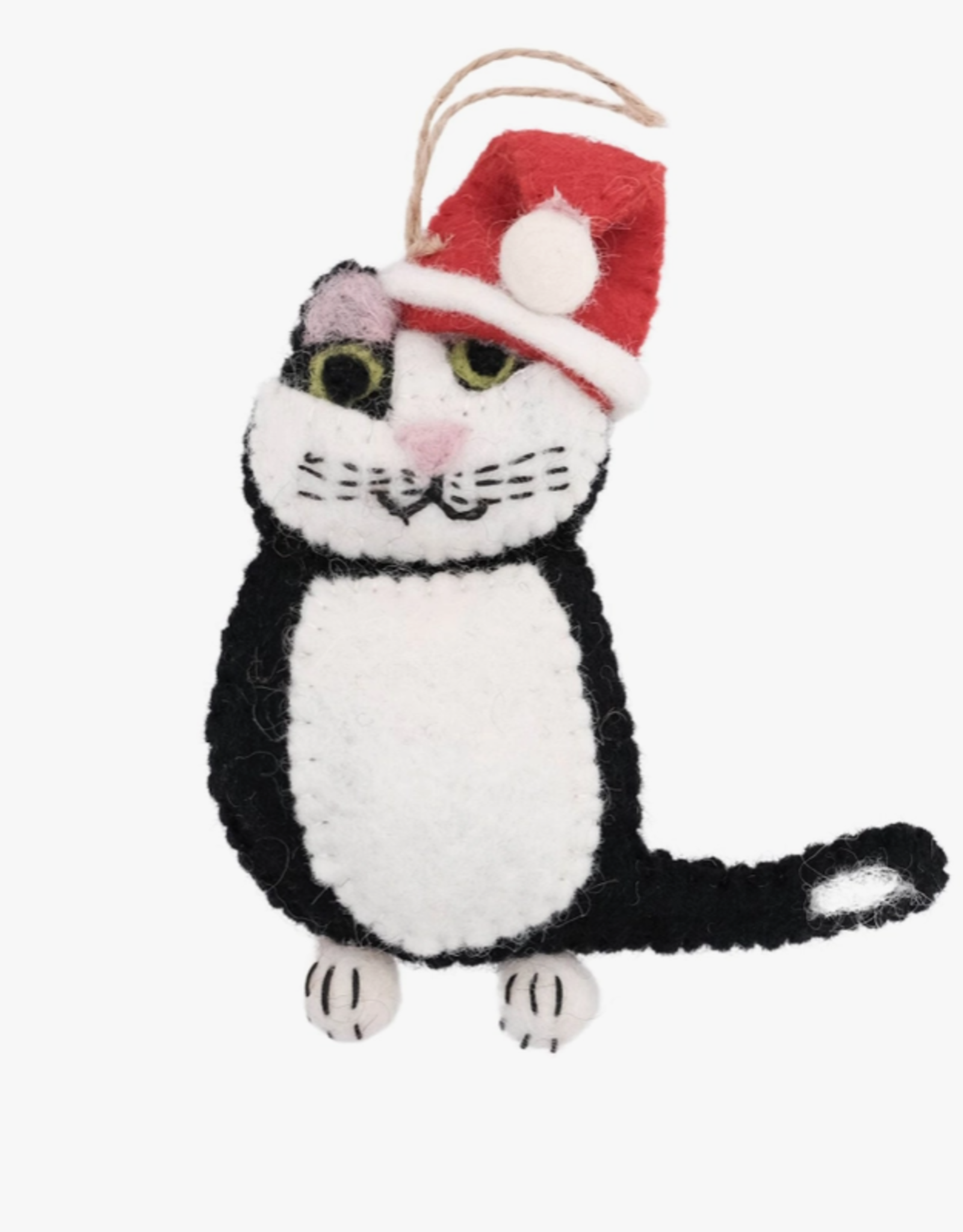 Global Crafts Black and White Tabby Santa Cat Felt Ornament