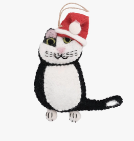 Global Crafts Black and White Tabby Santa Cat Felt Ornament