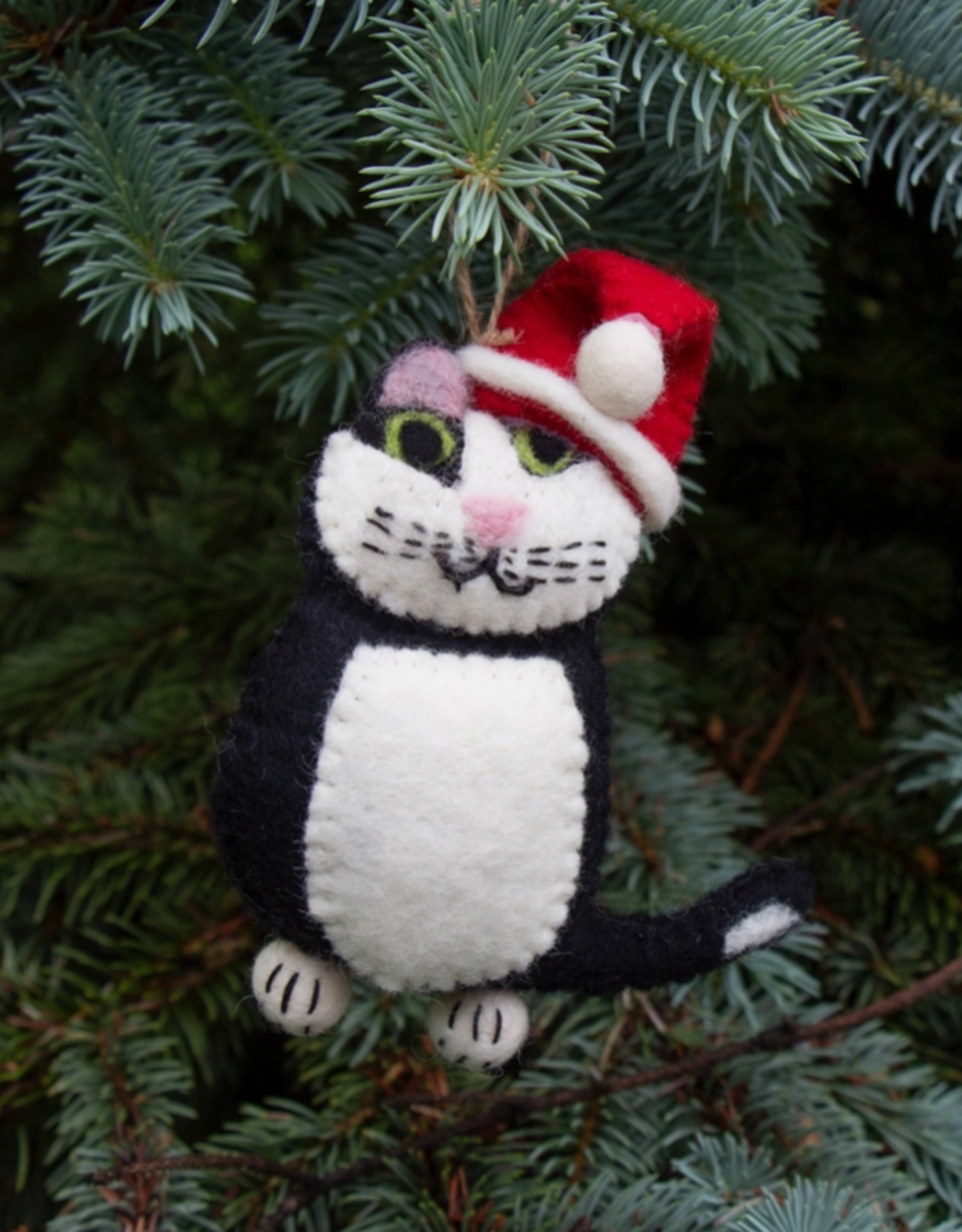Global Crafts Black and White Tabby Santa Cat Felt Ornament