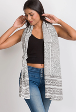 Sevya Handmade Aruna Block Print Scarf (Silver & White)