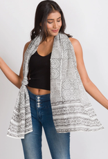 Sevya Handmade Aruna Block Print Scarf (Silver & White)