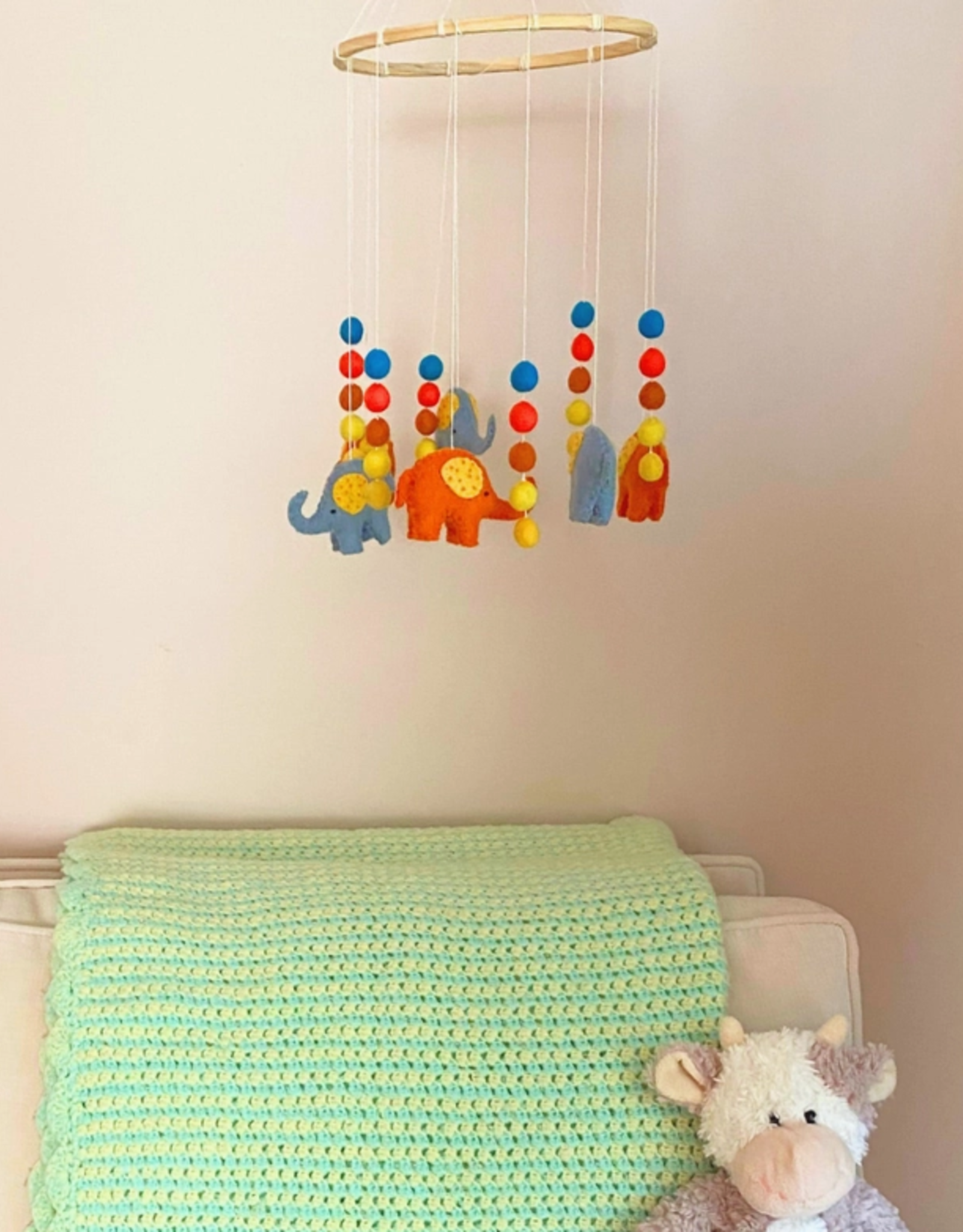 Global Crafts Blue and Orange Elephant Felt Nursery Mobile