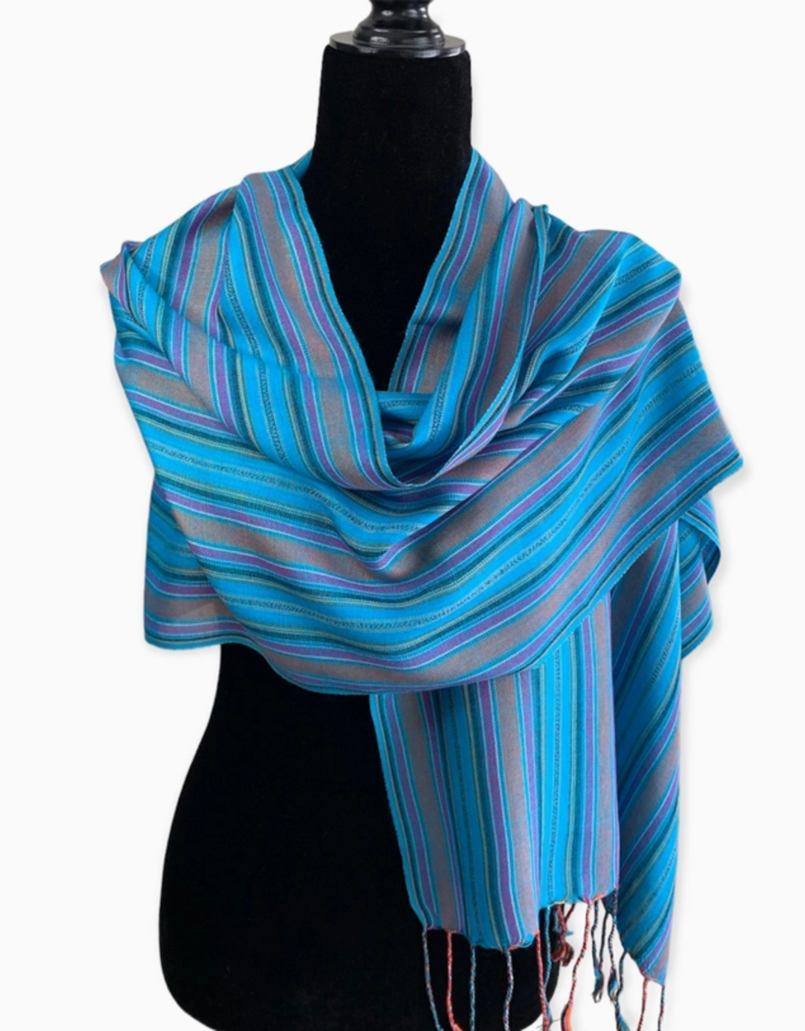Dandarah Small Mixed Striped Handwoven Bamboo Viscose Scarf - Turquoise