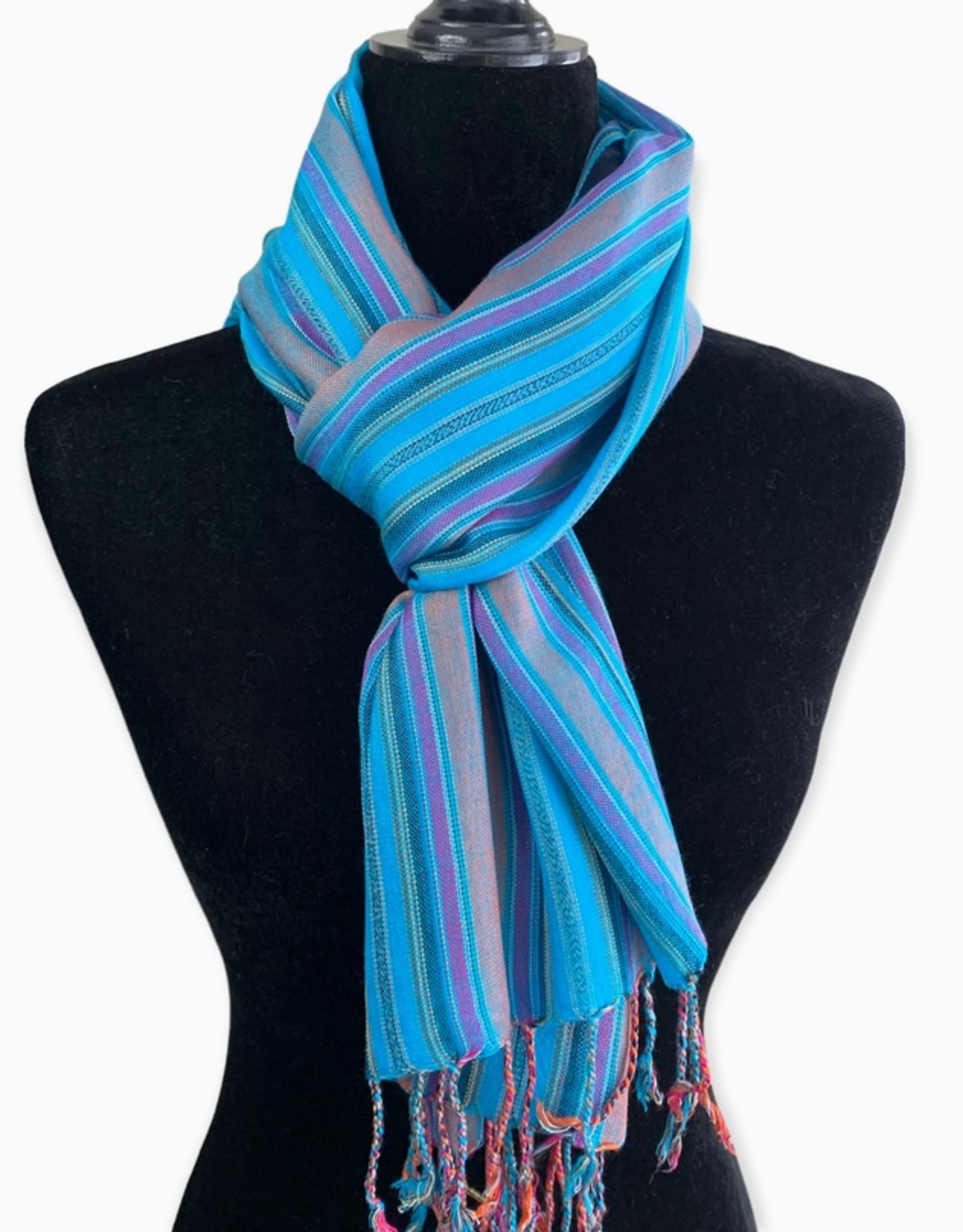Dandarah Small Mixed Striped Handwoven Bamboo Viscose Scarf - Turquoise