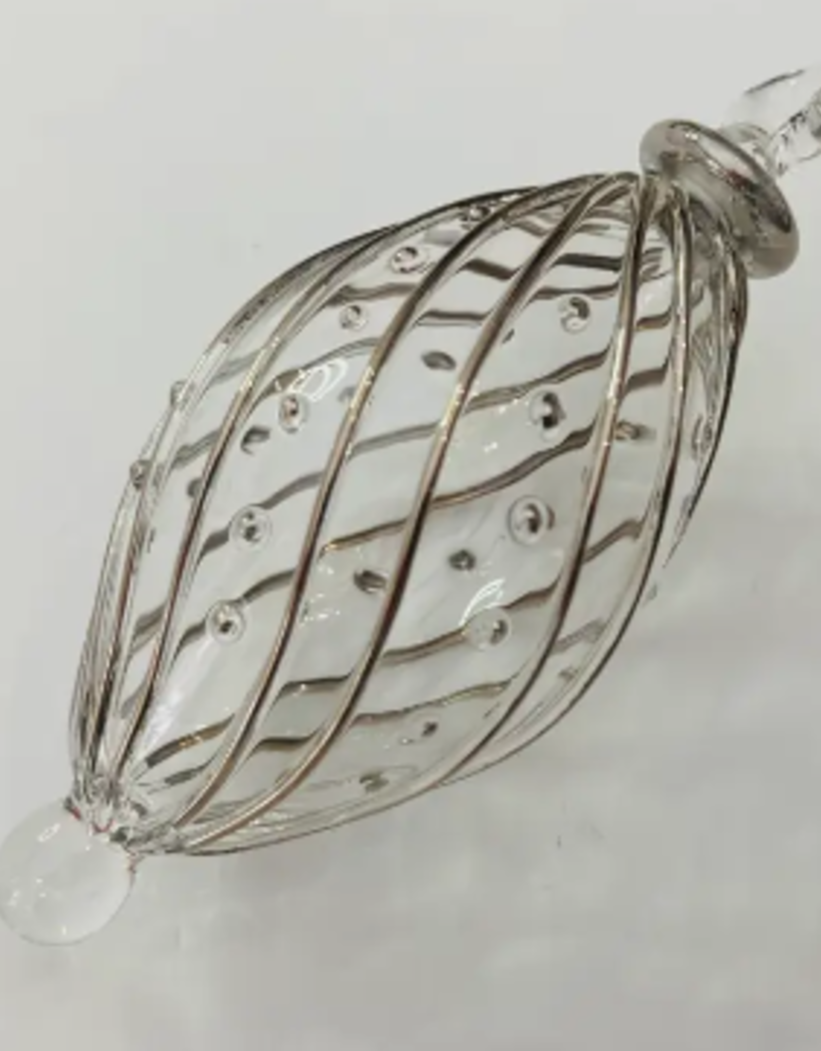 Dandarah Small Blown Glass Ornament - Silver with Dots Swirl Oval