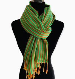 Dandarah Thin Striped Handwoven Bamboo Viscose Scarf - Green & Salmon