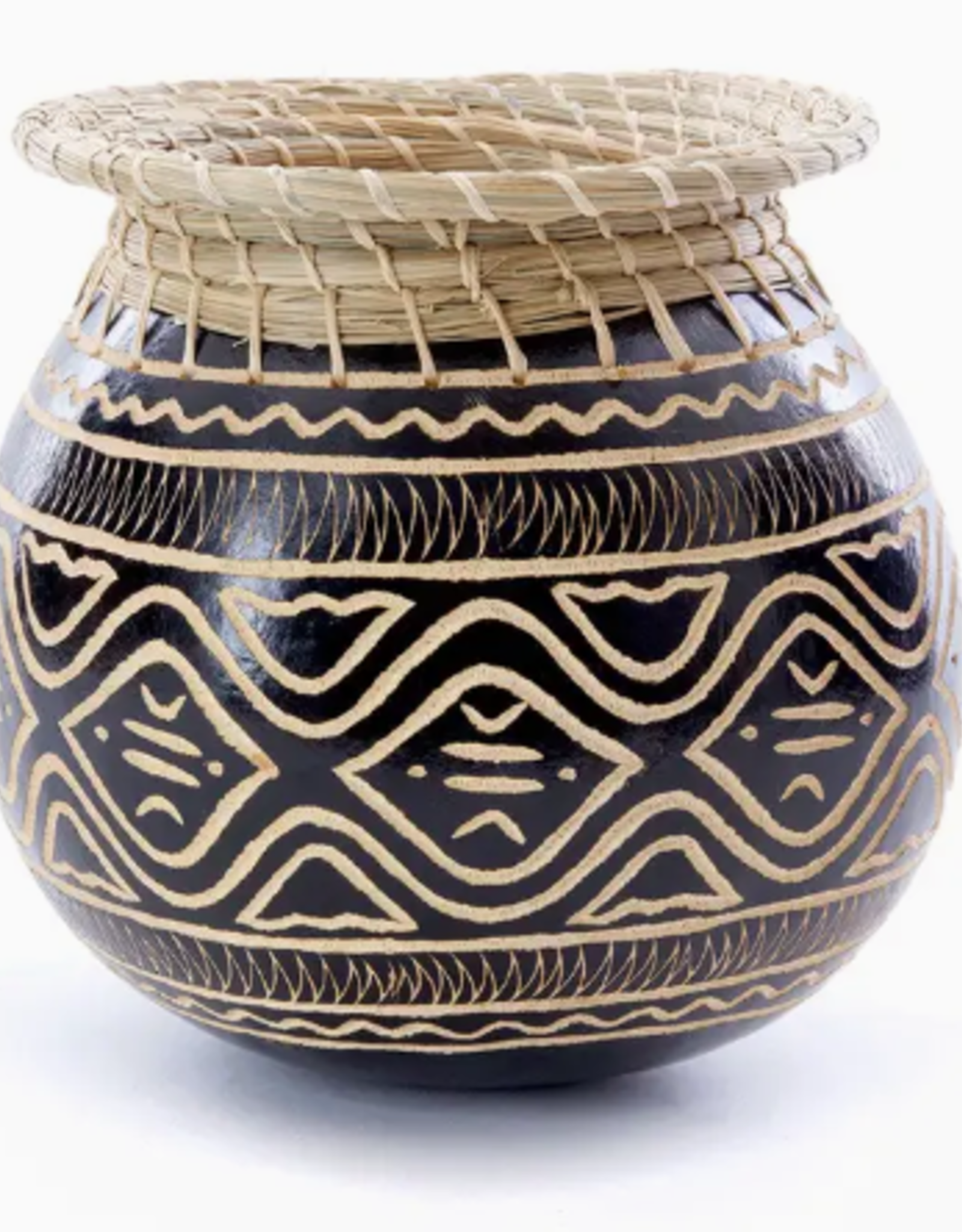 Swahili African Modern Small Carved Calabash Gourd Vessel with Basketry Rim