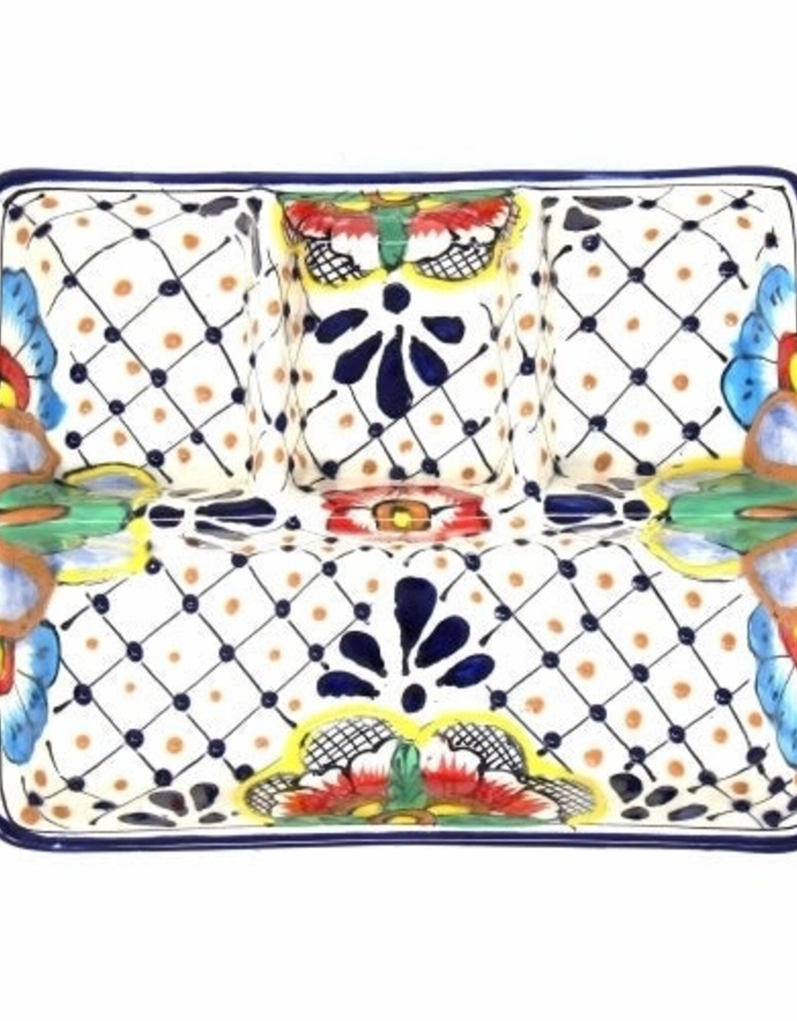 Global Crafts Encantada Handmade Pottery 9-inch Divided Platter, Dots & Fl