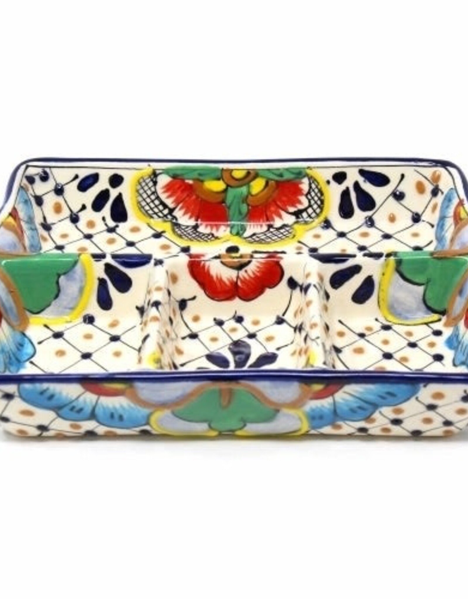 Global Crafts Encantada Handmade Pottery 9-inch Divided Platter, Dots & Fl
