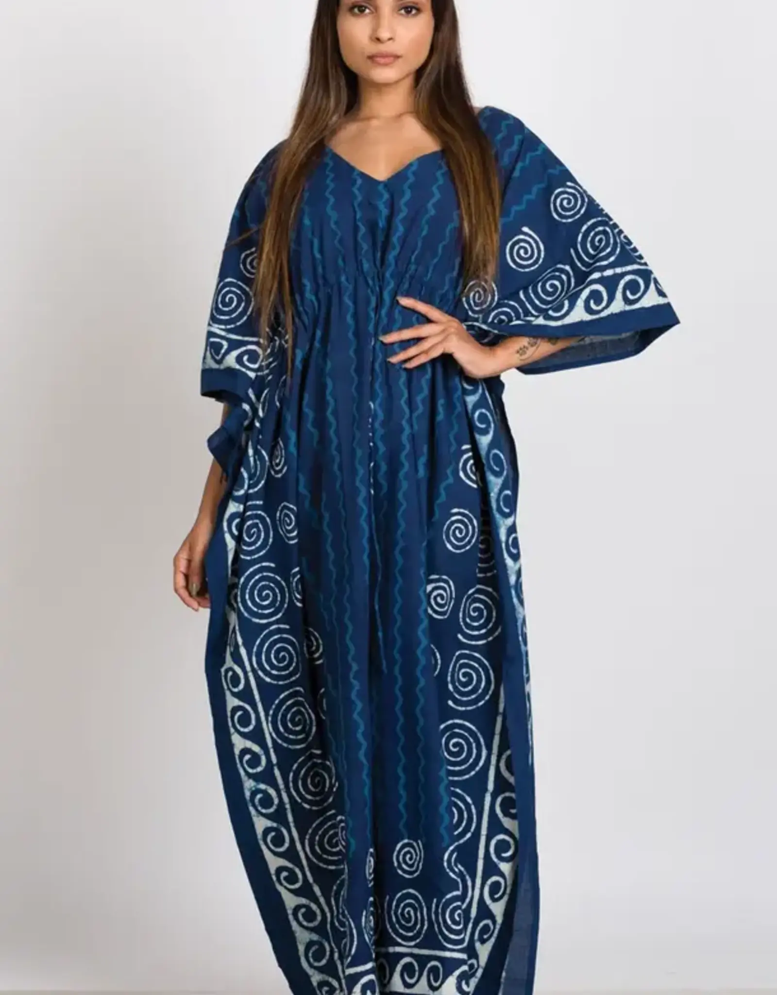 Sevya Handmade Spiral Block-Printed Caftans - Indigo