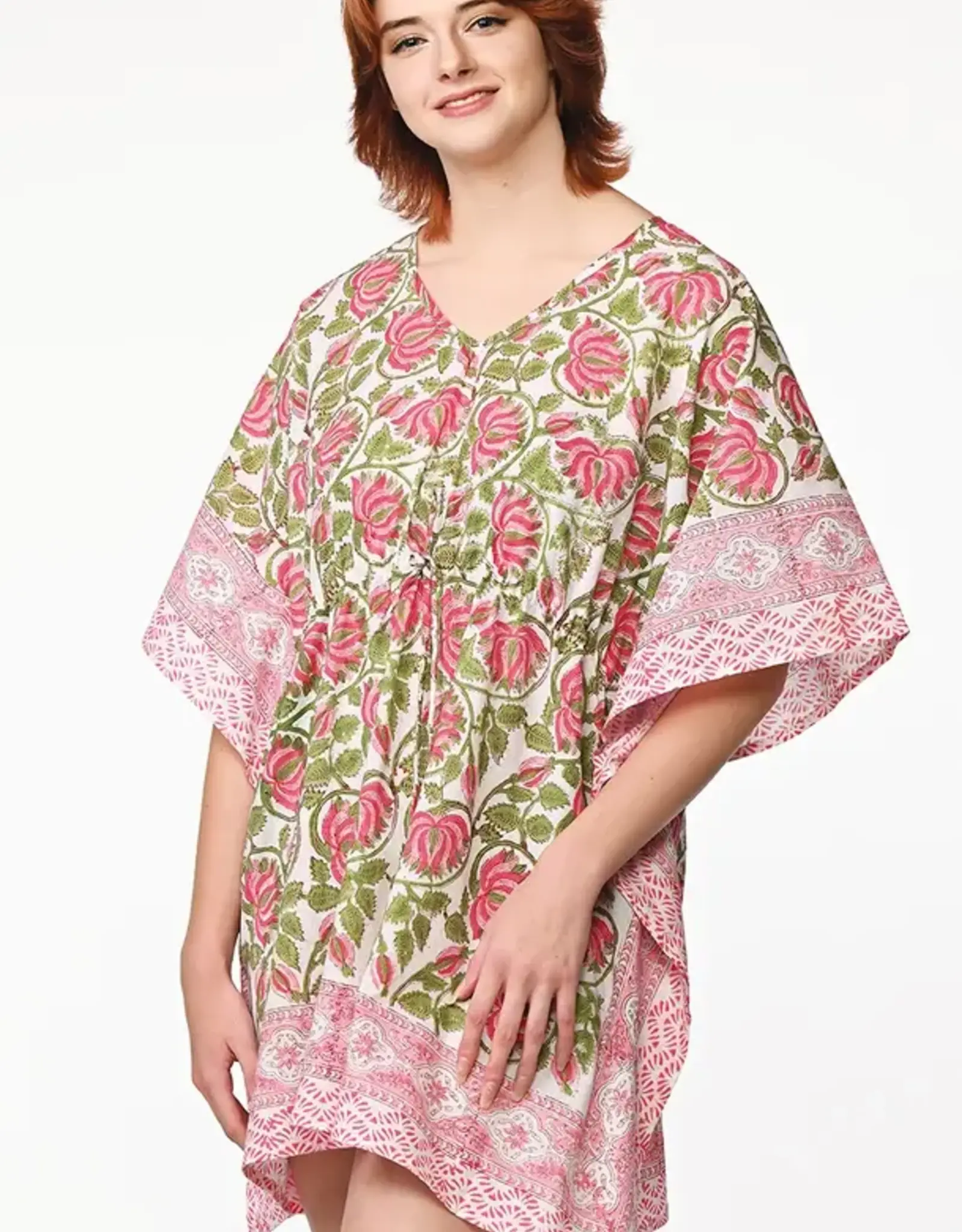 Sevya Handmade Floral Block-Printed Caftans - Pink and Green Lotus