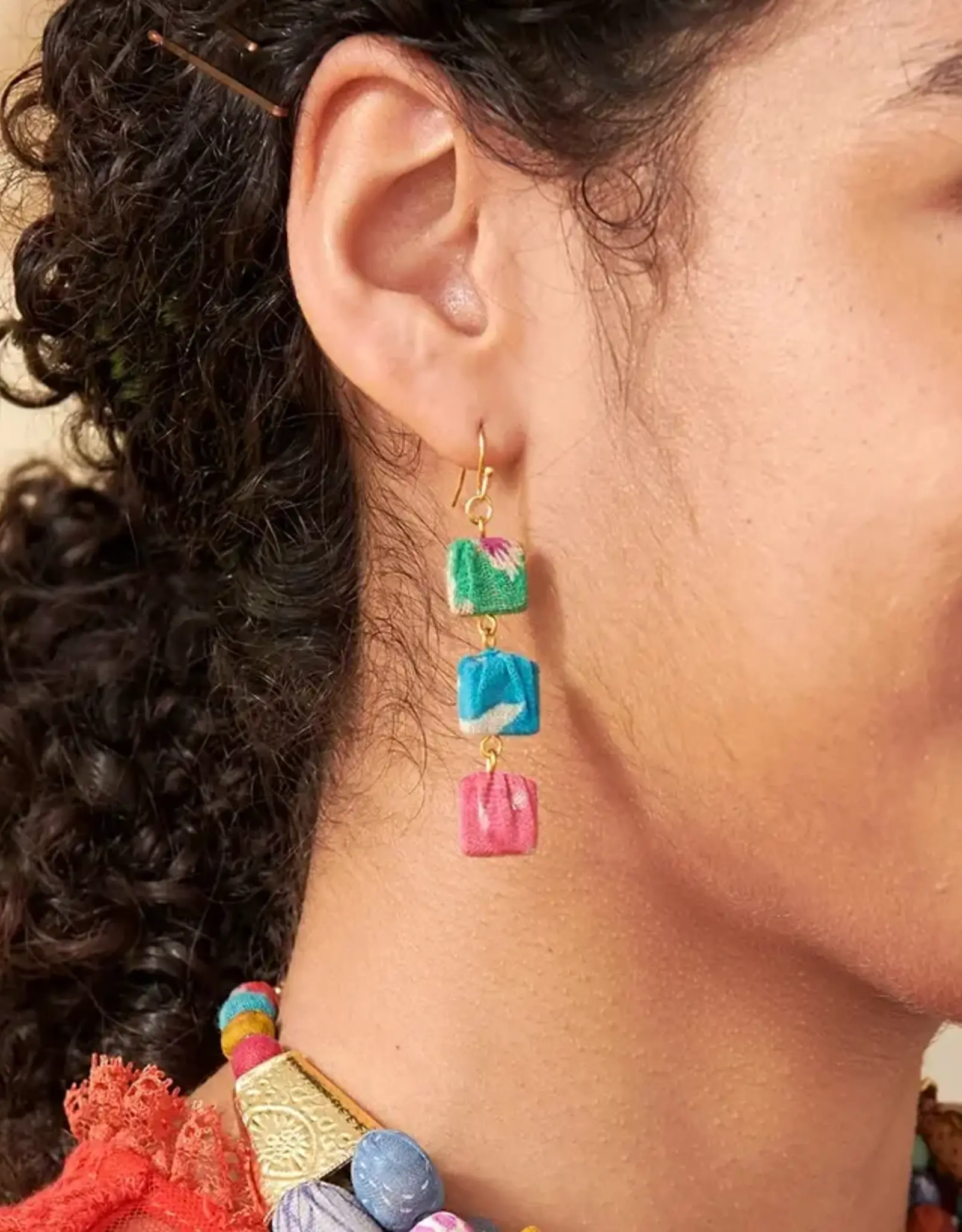 WorldFinds Kantha Fluid Square Trio Earrings