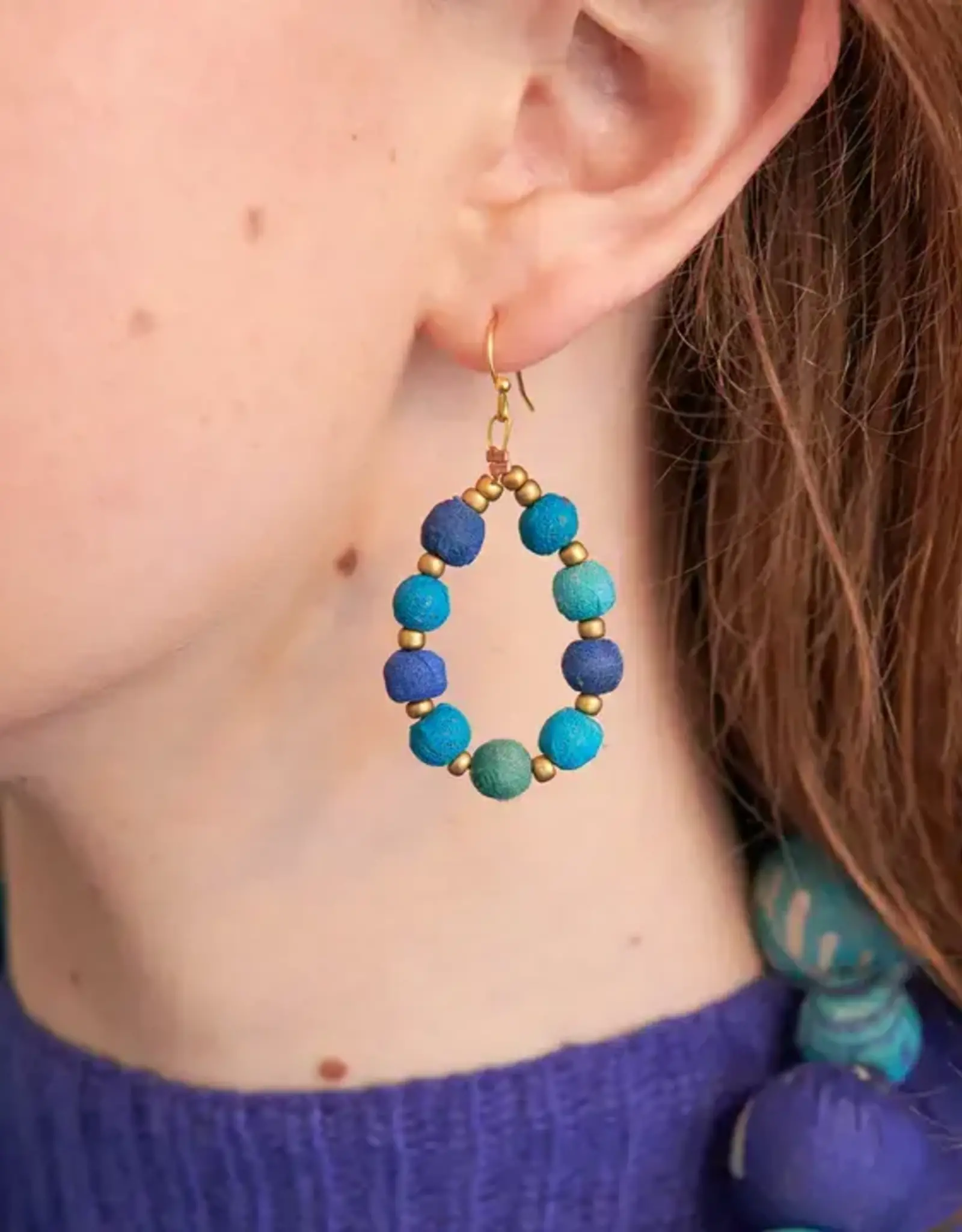 WorldFinds Kantha Azure Beaded Teardrop Earrings