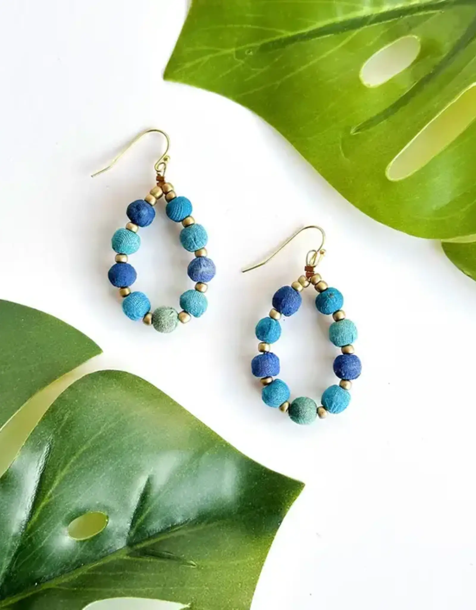 WorldFinds Kantha Azure Beaded Teardrop Earrings