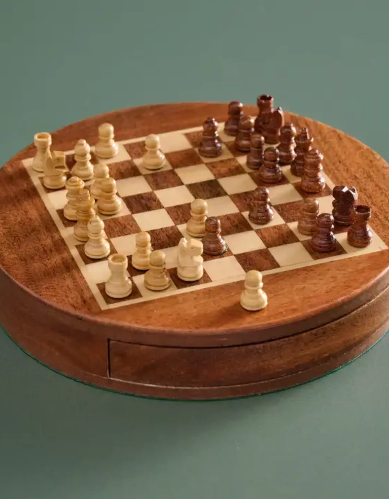 Ten Thousand Villages Acacia Wood Round Magnetic Chess Set