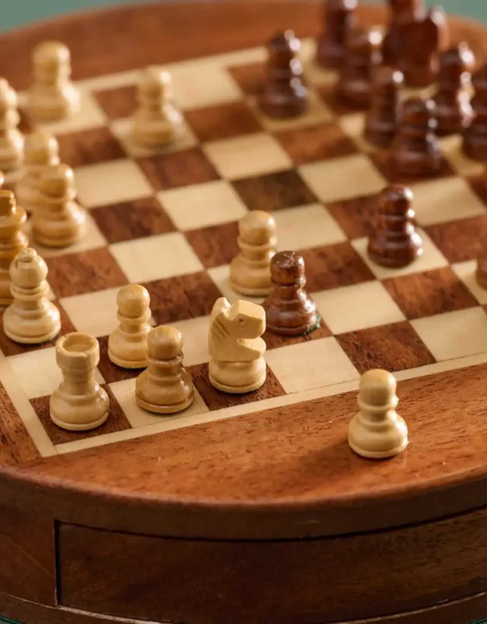 Ten Thousand Villages Acacia Wood Round Magnetic Chess Set