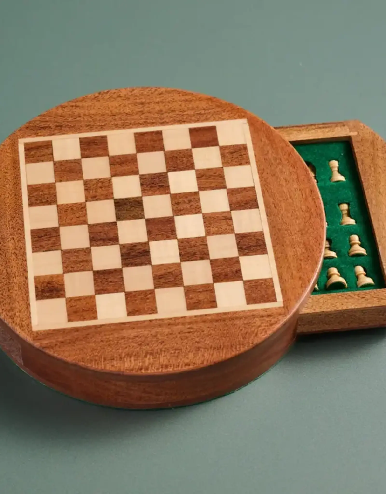 Ten Thousand Villages Acacia Wood Round Magnetic Chess Set