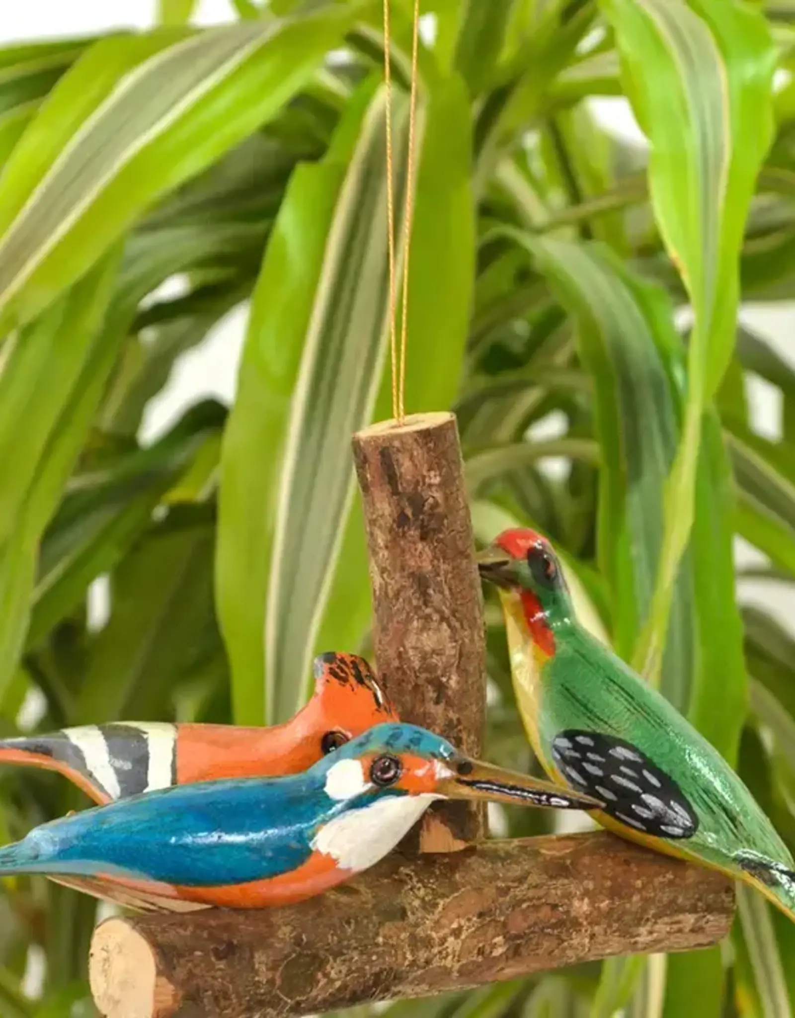 Swahili African Modern Hand Painted Perched Bird Trio Hanging Ornament