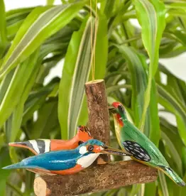 Swahili African Modern Hand Painted Perched Bird Trio Hanging Ornament