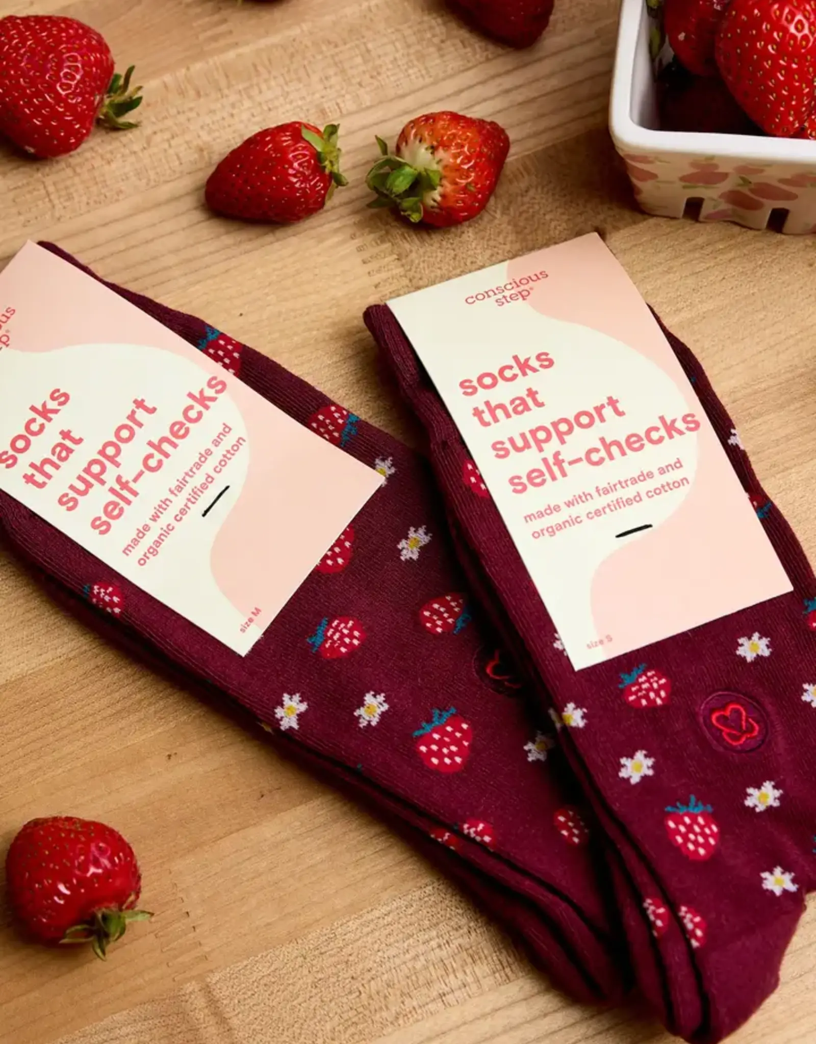 Conscious Step Socks that Support Self-Checks (Maroon Strawberries )
