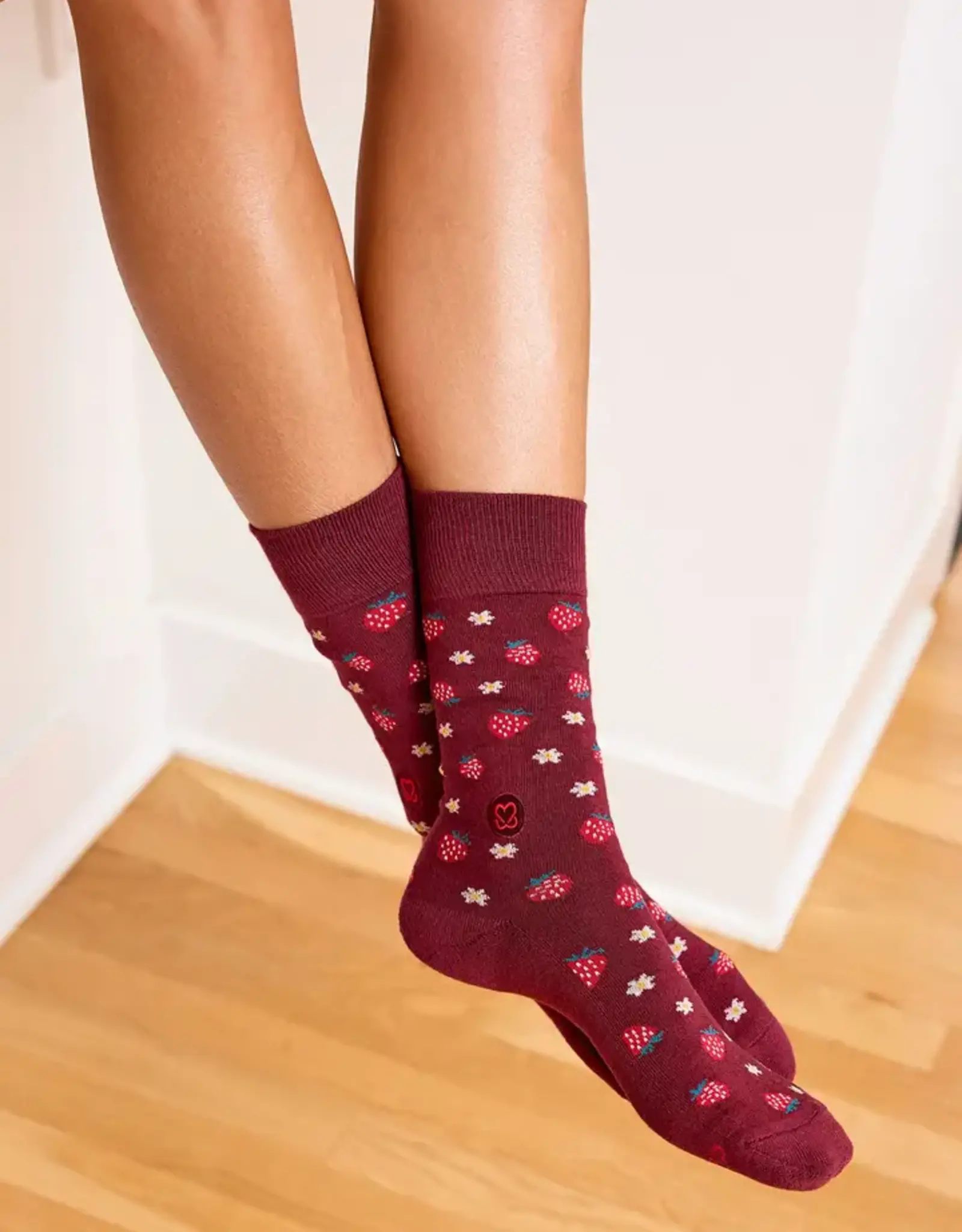 Conscious Step Socks that Support Self-Checks (Maroon Strawberries )