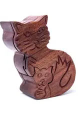 Global Crafts Sheesham Wood Carved Mama and Kitten Puzzle Box