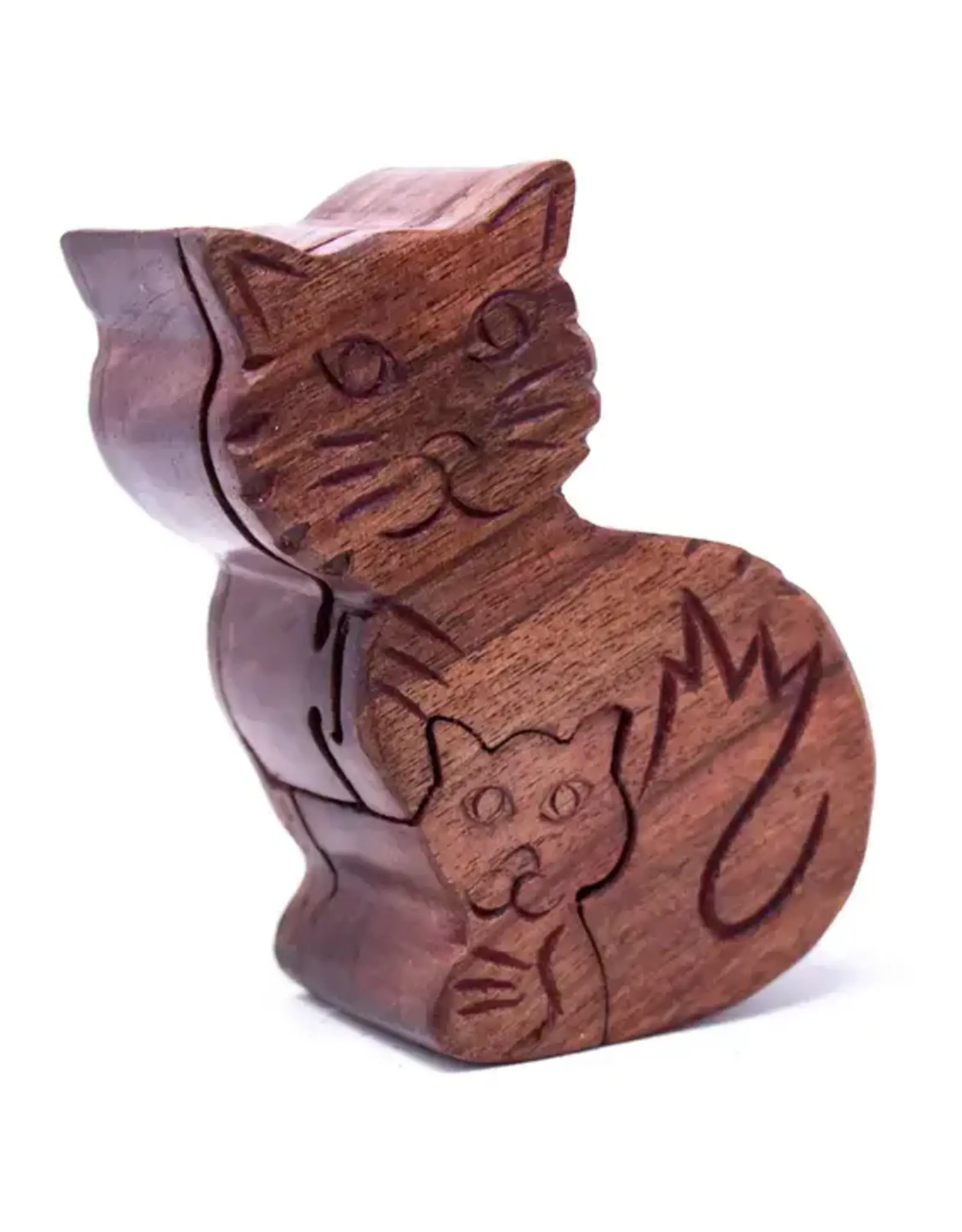 Global Crafts Sheesham Wood Carved Mama and Kitten Puzzle Box