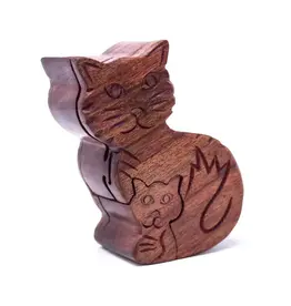 Global Crafts Sheesham Wood Carved Mama and Kitten Puzzle Box