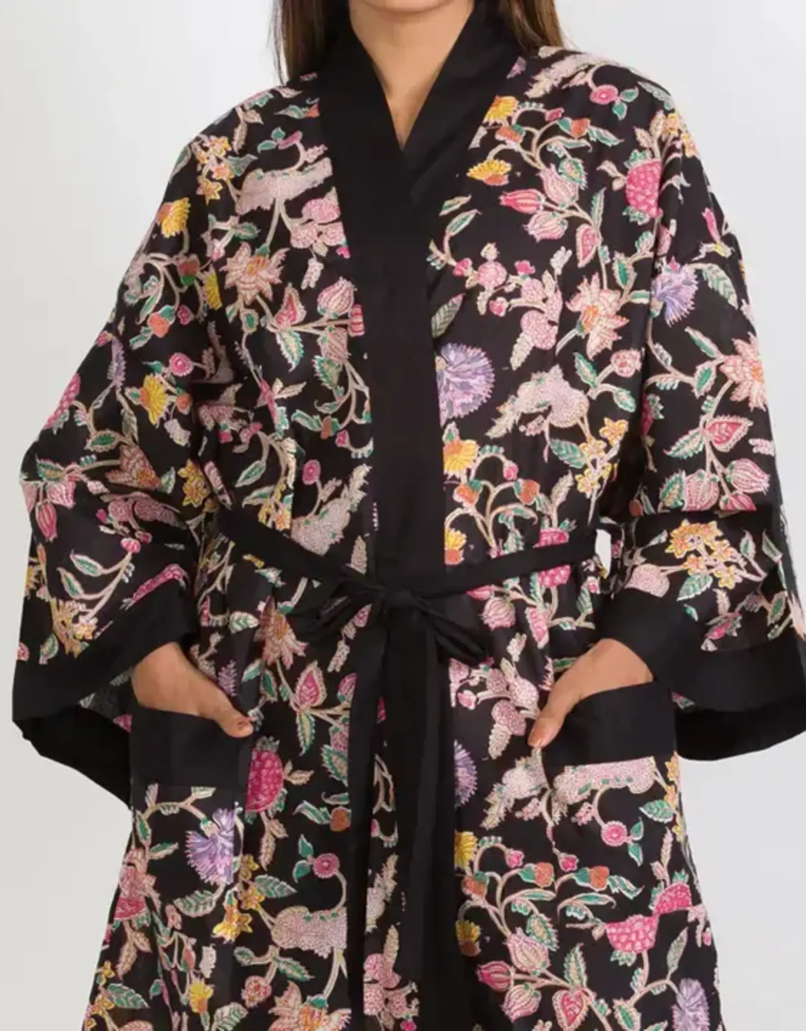 Sevya Handmade Short Kimono Robe (Black Multi Floral)