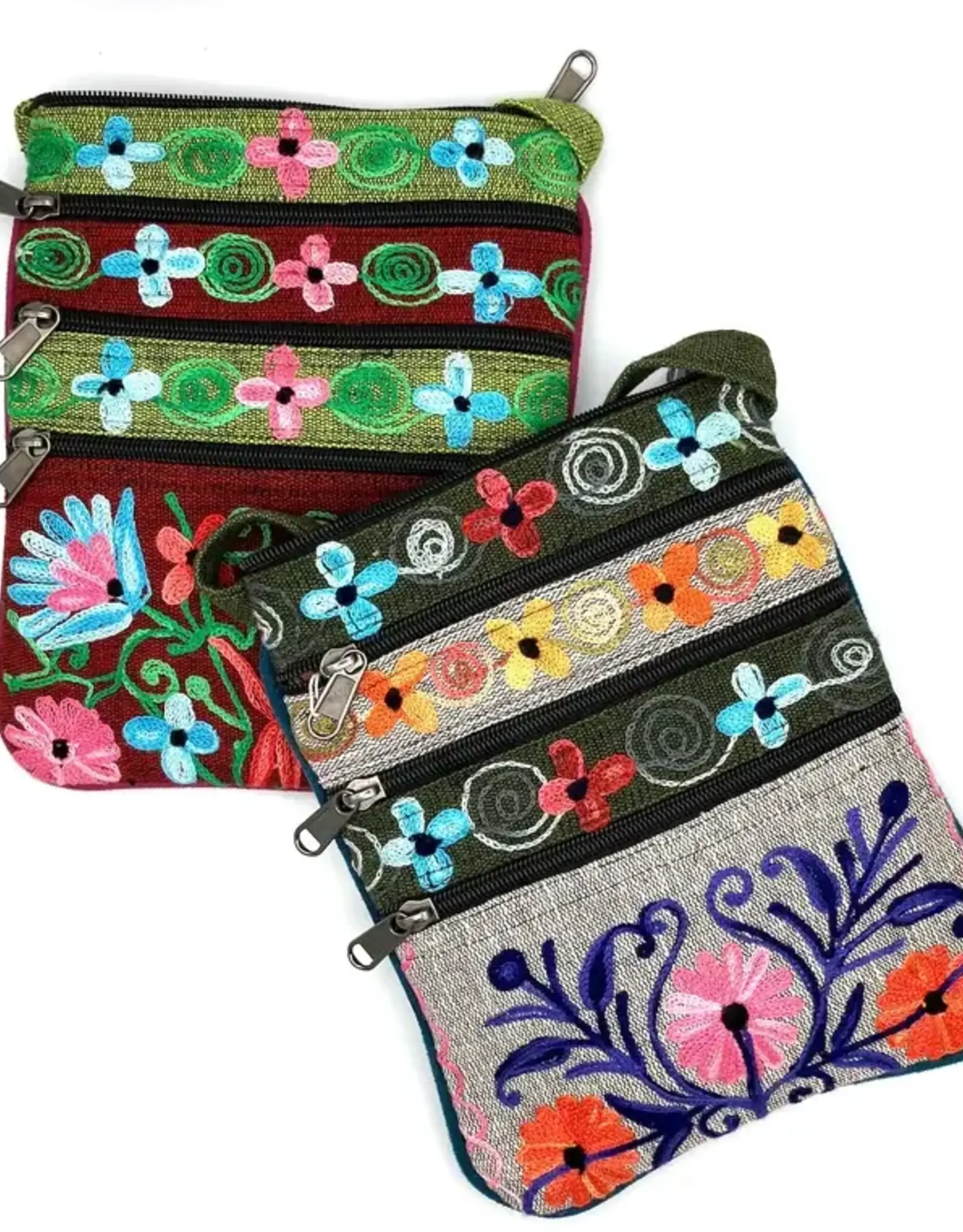 Women of the Cloud Forest Embroidered Floral 5 Zip Crossbody Bag (Assorted Colours)