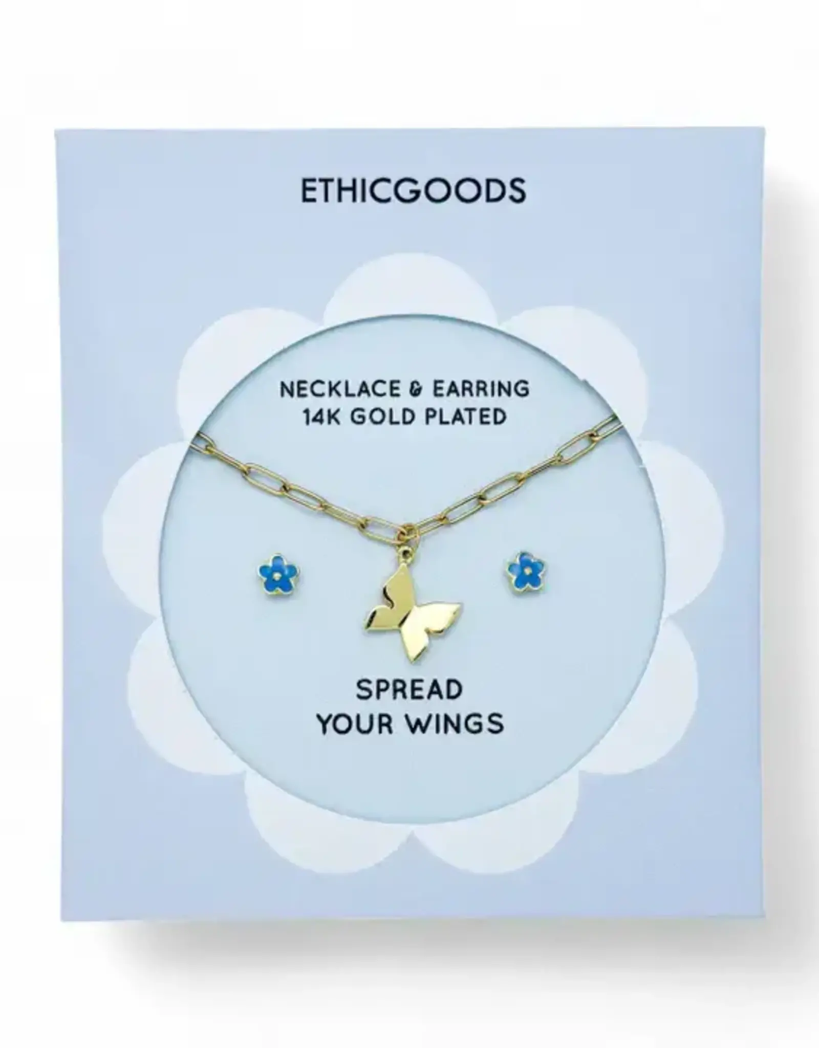EthicGoods Necklace and Earring Set: Butterfly and Blue Flower