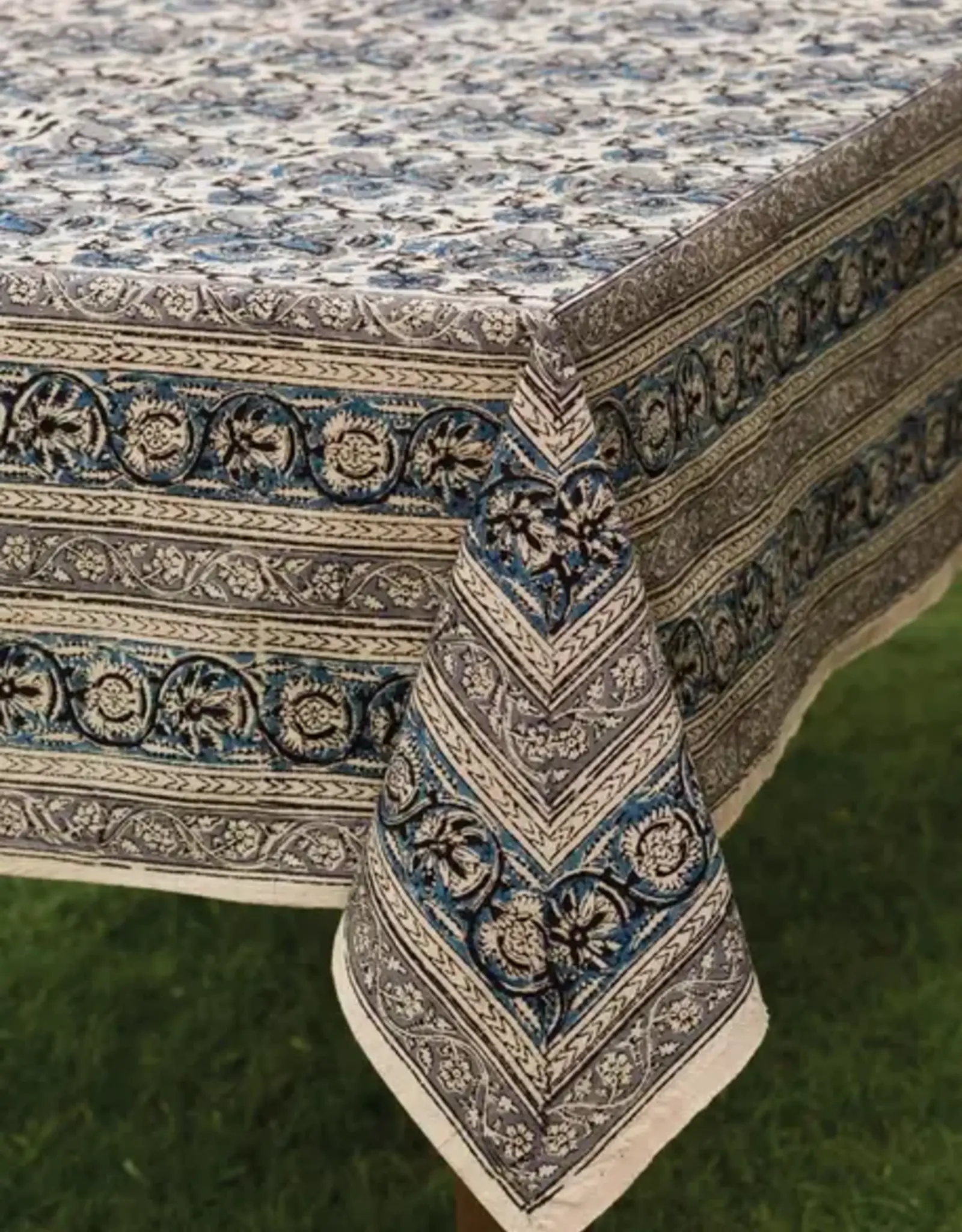 Sevya Handmade Blue and Silver Kalamkari Tablecloth - 60" x 90"