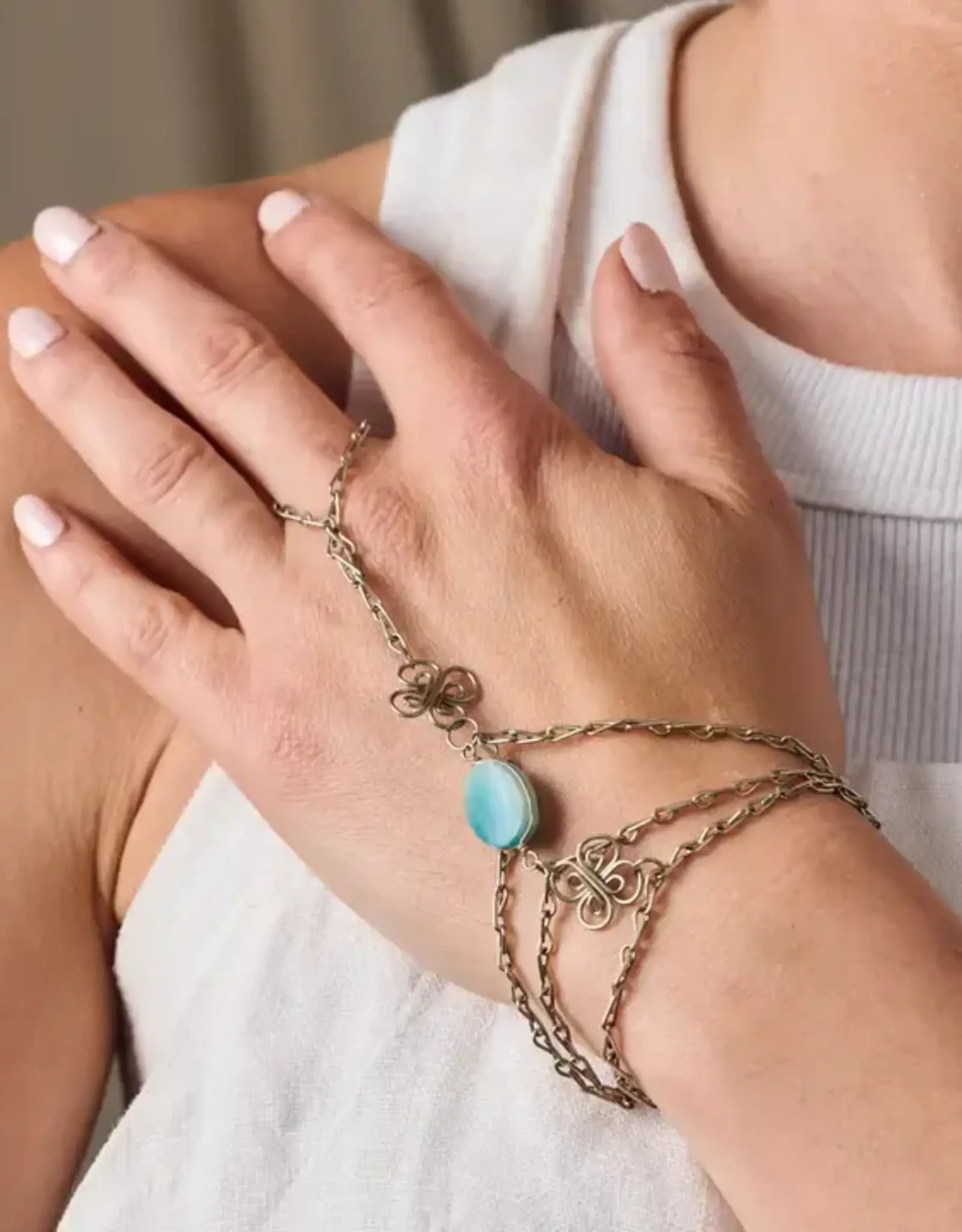Ten Thousand Villages Trebol Amazonite Ring and Hand Chain Bracelet