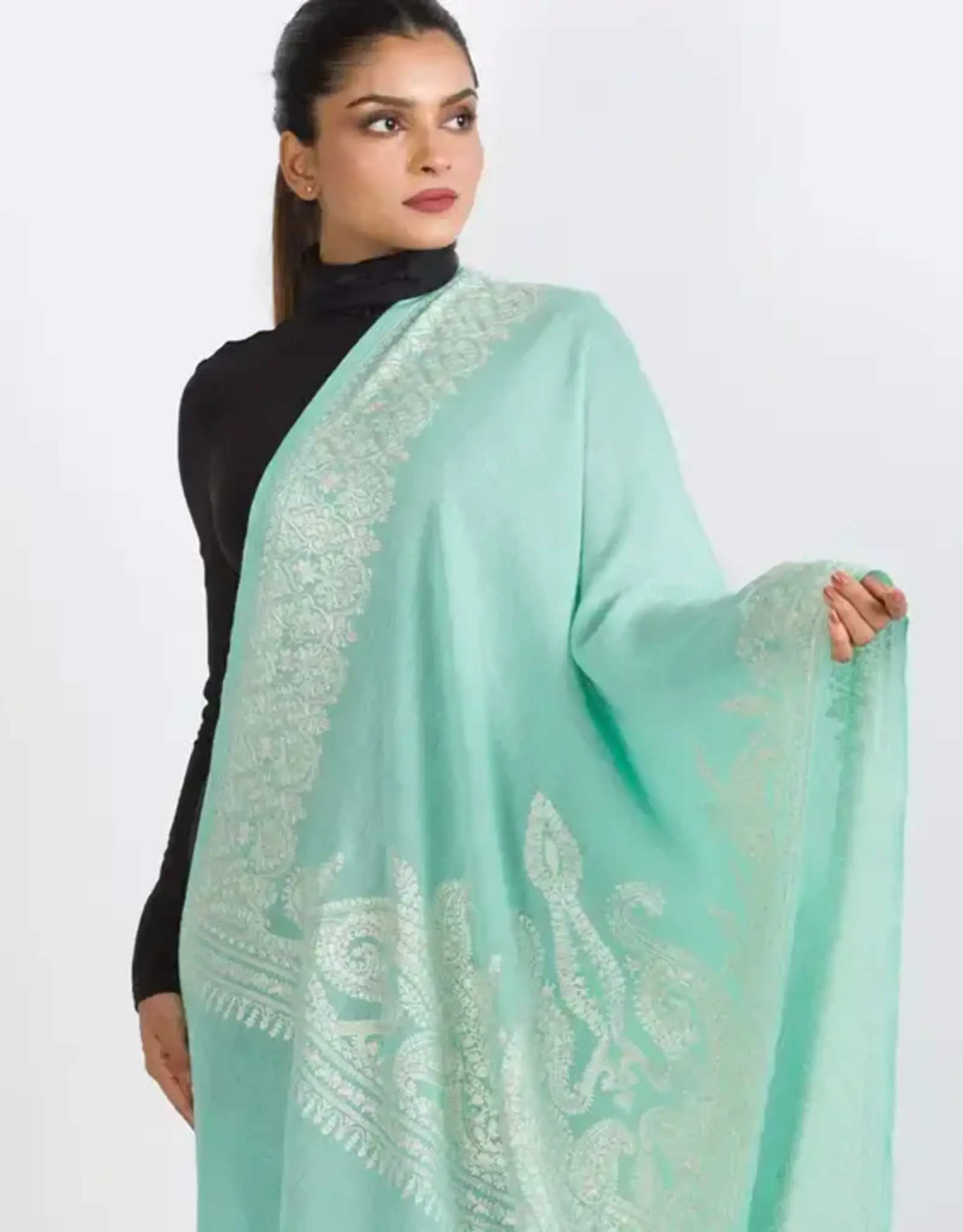 Sevya Handmade Geeta Embroidered Wool Shawl - Turquoise