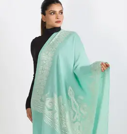 Sevya Handmade Geeta Embroidered Wool Shawl - Turquoise