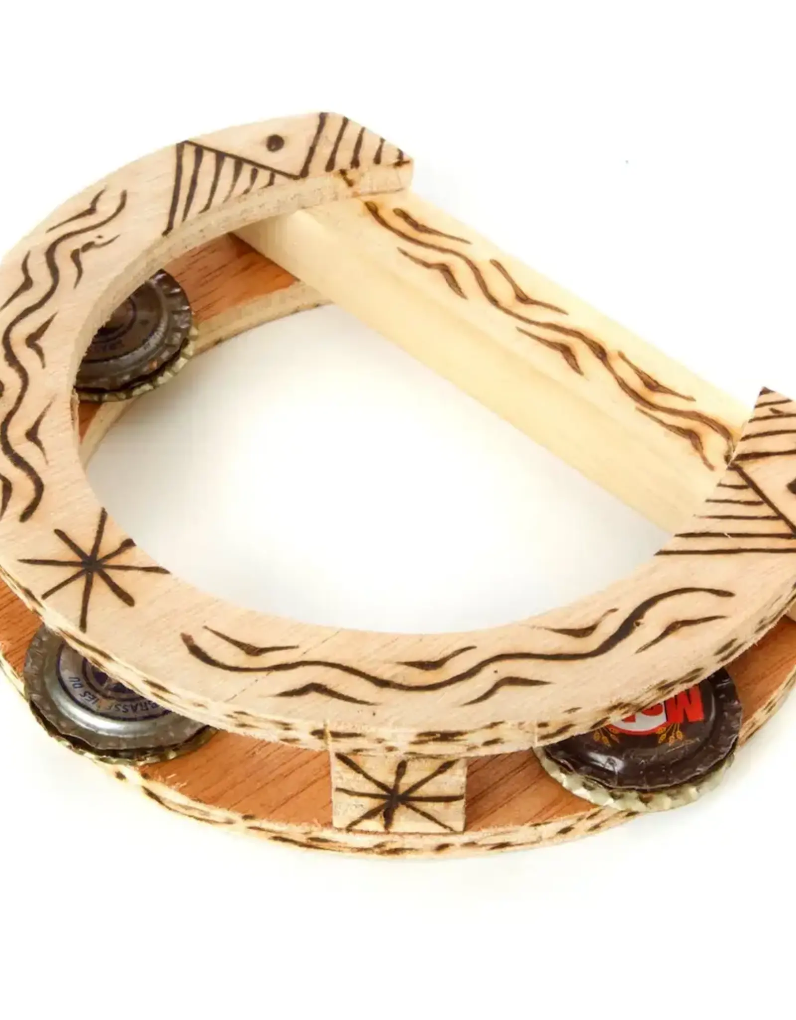 Swahili African Modern Burned Balsa Wood and Bottle Cap Tambourine