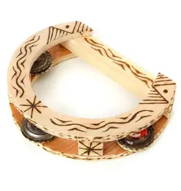 Swahili African Modern Burned Balsa Wood and Bottle Cap Tambourine