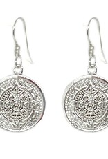 Global Crafts Mexican Taxco Alpaca Silver Aztec Calendar Dangle Earrings