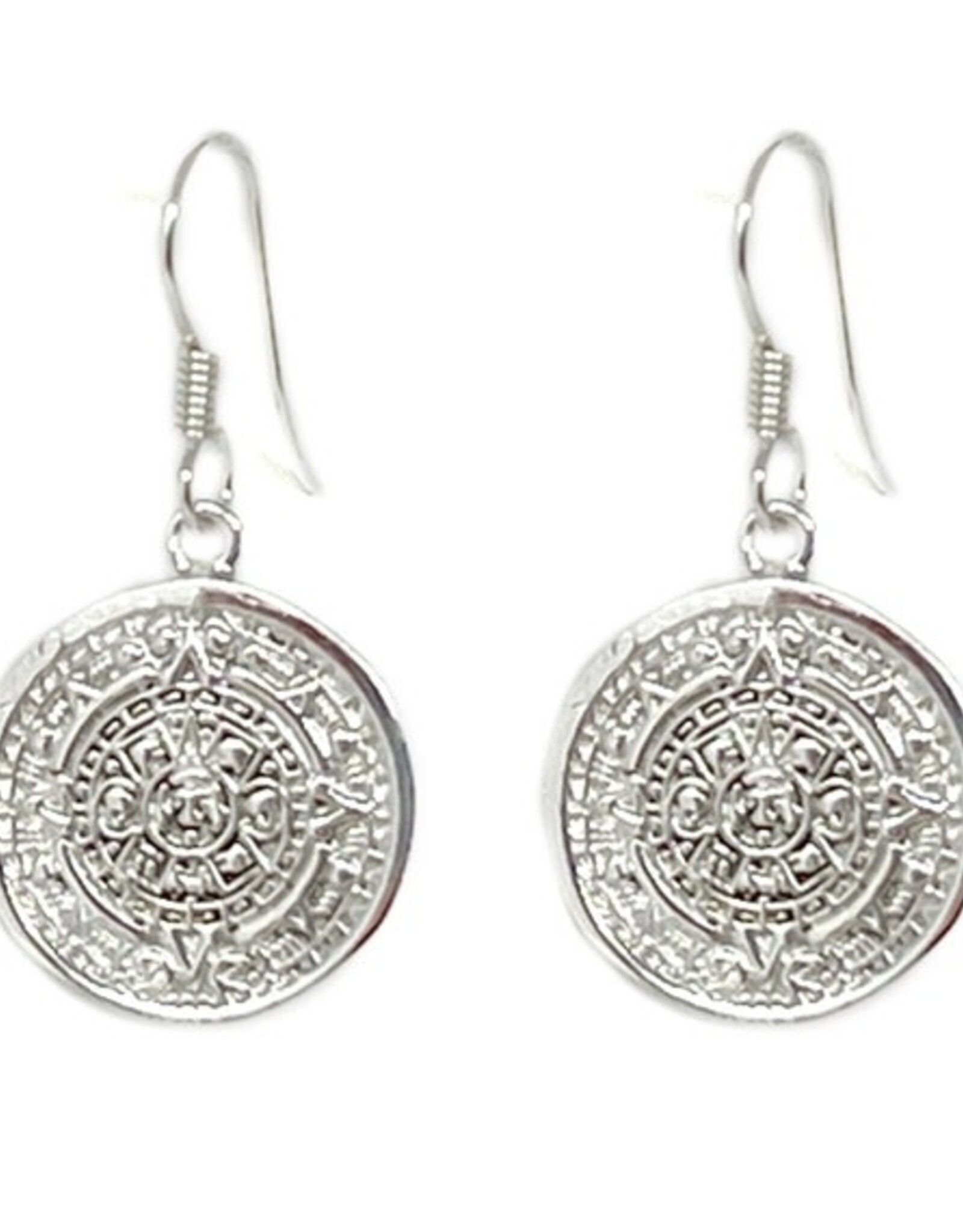 Global Crafts Mexican Taxco Alpaca Silver Aztec Calendar Dangle Earrings