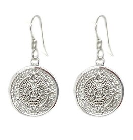 Global Crafts Mexican Taxco Alpaca Silver Aztec Calendar Dangle Earrings